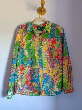 Lauren Ralph Lauren Paisley Button Down 💖 | Bright Bold Blouse (1X)